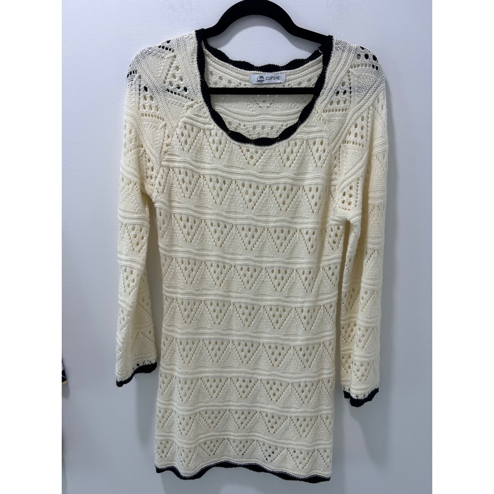 CUPSHE Ivory Cream Pointelle Knit Mini Dress Black Trim Long Sleeve Small